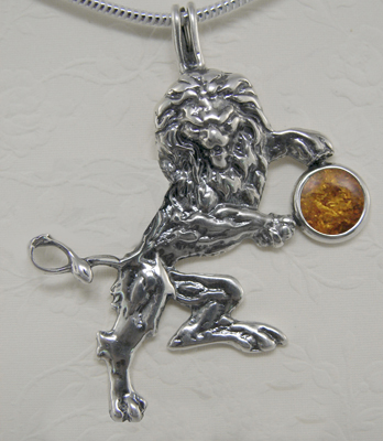 Sterling Silver Royal Rampant Lion Pendant With Amber